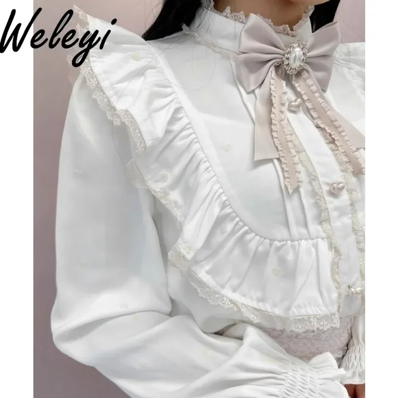 

Japanese Sweet Bowknot Shirt Woman Fashion Mine Series Mass Produced Ruffle Top Women's Long Sleeve Lapel Chic Lace Up Shirts