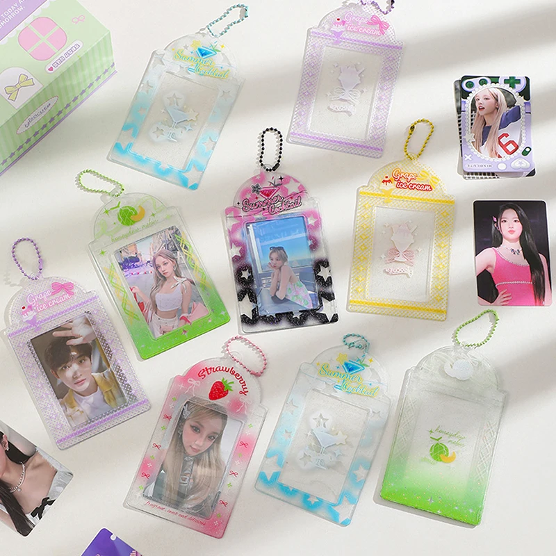 Sweet Cute Photocard Holder Glitter Transparent Idol Photo Card Sleeves Thin Portable Fashion ID Bus Cards Cover Keychain