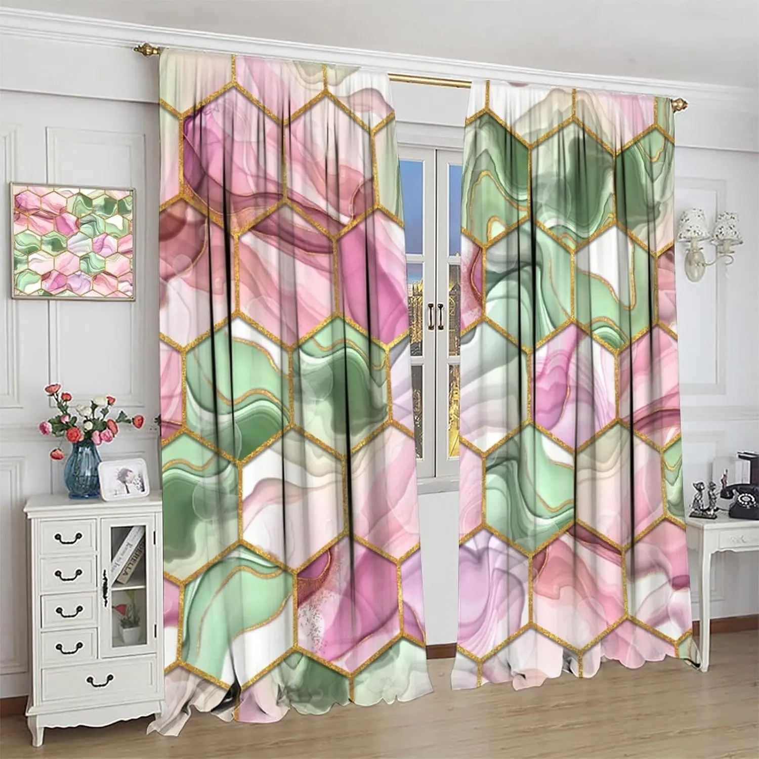 Marble Blackout Curtain, Hexagon Texture Abstract Pink Green Marble Art Rod Pocket Window Drapes, for Living Room Bedroom