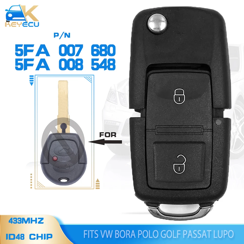 Keyecu 5FA 007 680 / 5FA 008 548, กุญแจรีโมทพลิกอัพเกรด ID48 433MHz สำหรับ VW Bora POLO Golf Passat Lupo ที่นั่ง Ibiza Cordoba