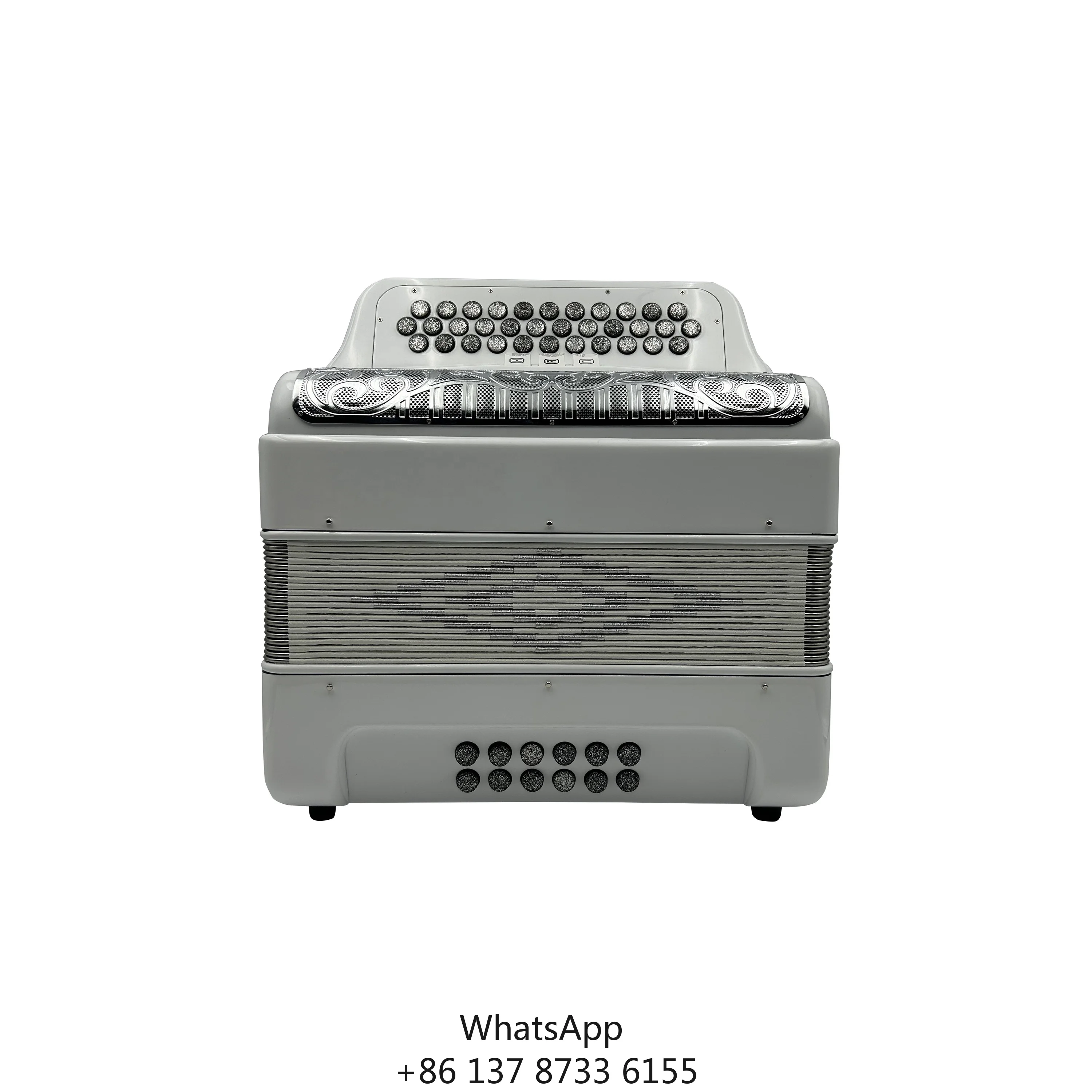 Professional Diatonic Accordion 34-Button 12-Bass 3-Registers Bright White JB3412C Silver Grill Buttons Acordeon