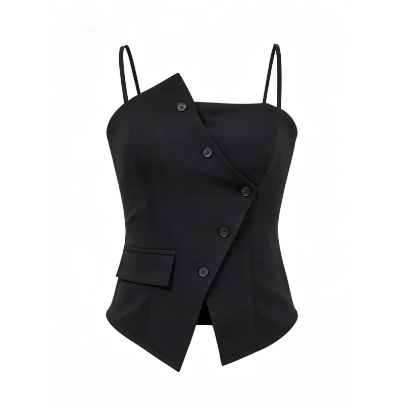 Cami-Top für Damen, asymmetrisch, mit Knopfleiste vorne, Spaghettiträgern, Peplum-Schnitt, schmal geschnitten, schwarz, elegant, für Partys, ärmelloses Oberteil. – Detail 5