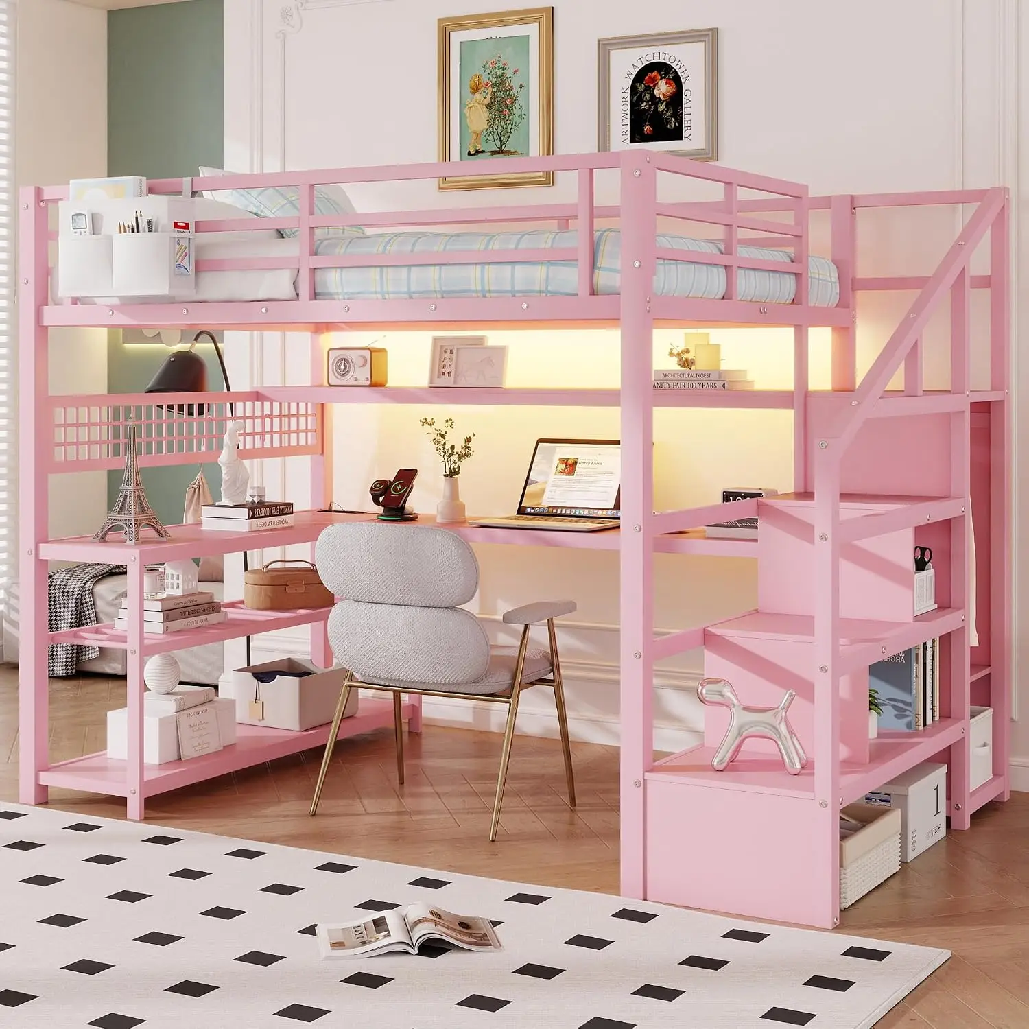 Full Size Loft Bed with Staircase, Wardrobe, Desk, Shelves, LED & Charge Station, Heavy Duty Metal, Noise Free, Pink, Customized