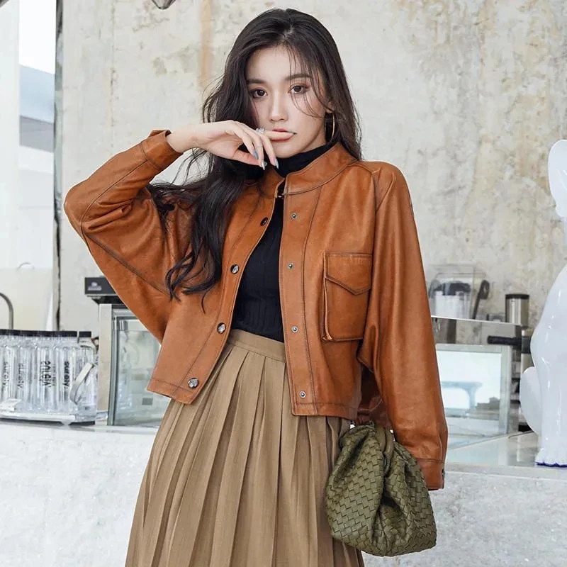 High-End Imitation Genuine Leather Coat Women\'s Short Locomotive Jacket  Spring Autumn Korean Bat Sleeve Soft Leather Outerwear