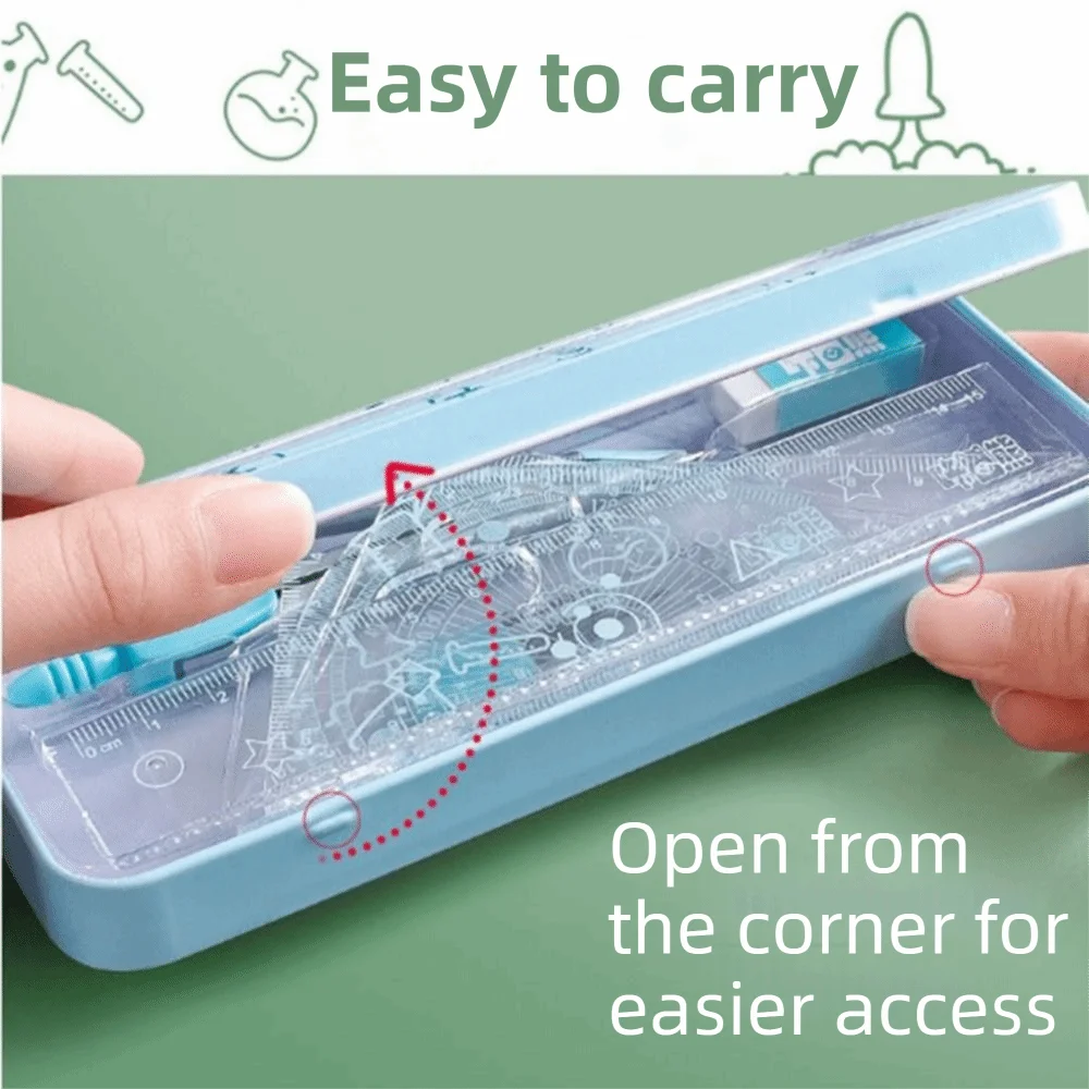 8Pcs/Set Multifunctional Math Geometry Set Metal Box 0.7mm Erasergraphite Lead Drawing Tools Set Swing Arm Protractor