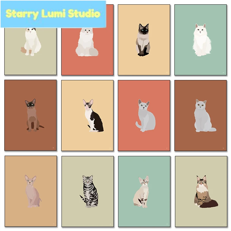 Nordic Cute Siamese Sphynx Scottish Fold Cats Illustrations Poster Minimalist Kawaii Animal Wall Art Diamond Painting Home Dec