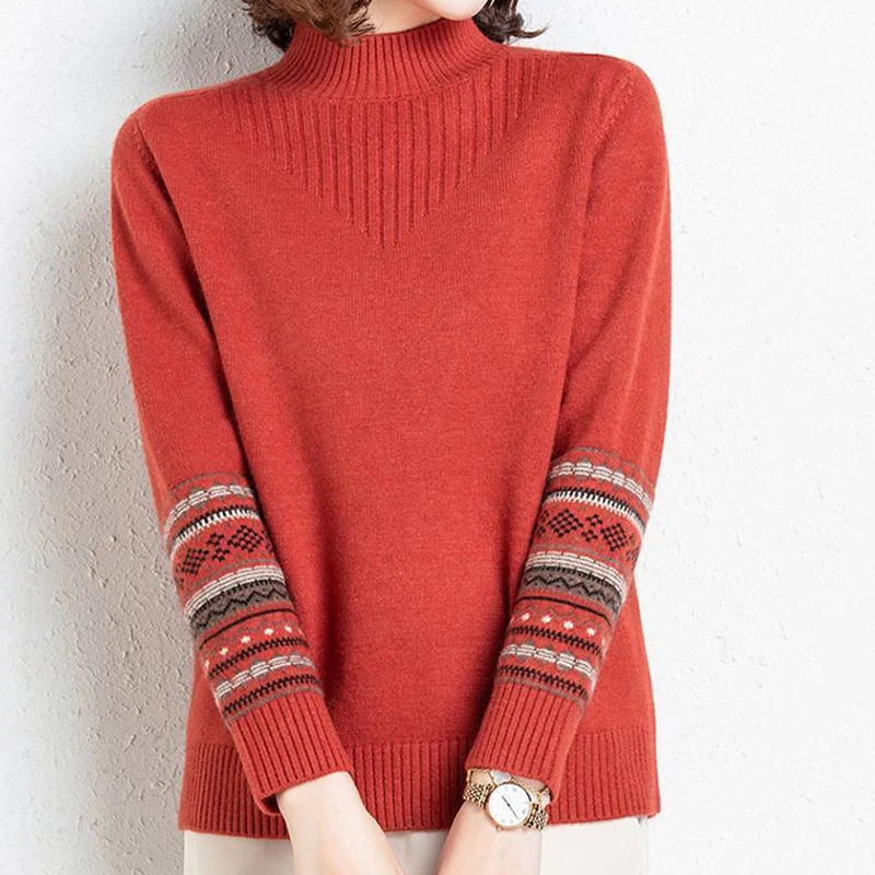 Fall Winter Mock Neck Vintage Print Sweater For Women Short Casual Crochet Long Sleeve Tops Korean Loose Basic Knitted Pullover