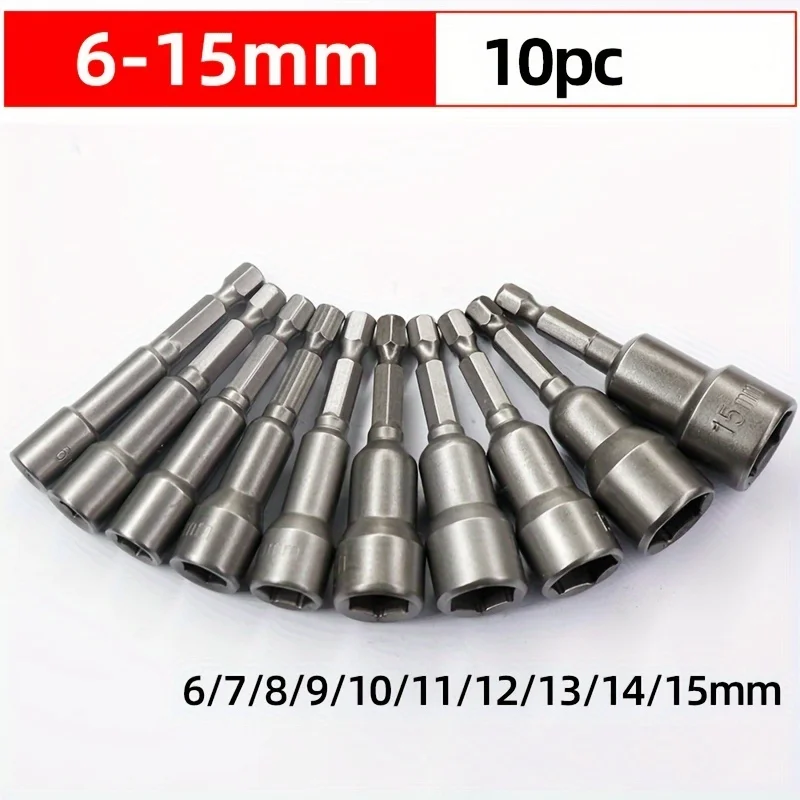 10pcs 6mm-19mm Impact Socket Magnetic Nut, Screwdriver 1/4 Hex Key Set Drill Bit Adapter For Power Drills, Impact Drivers Socket