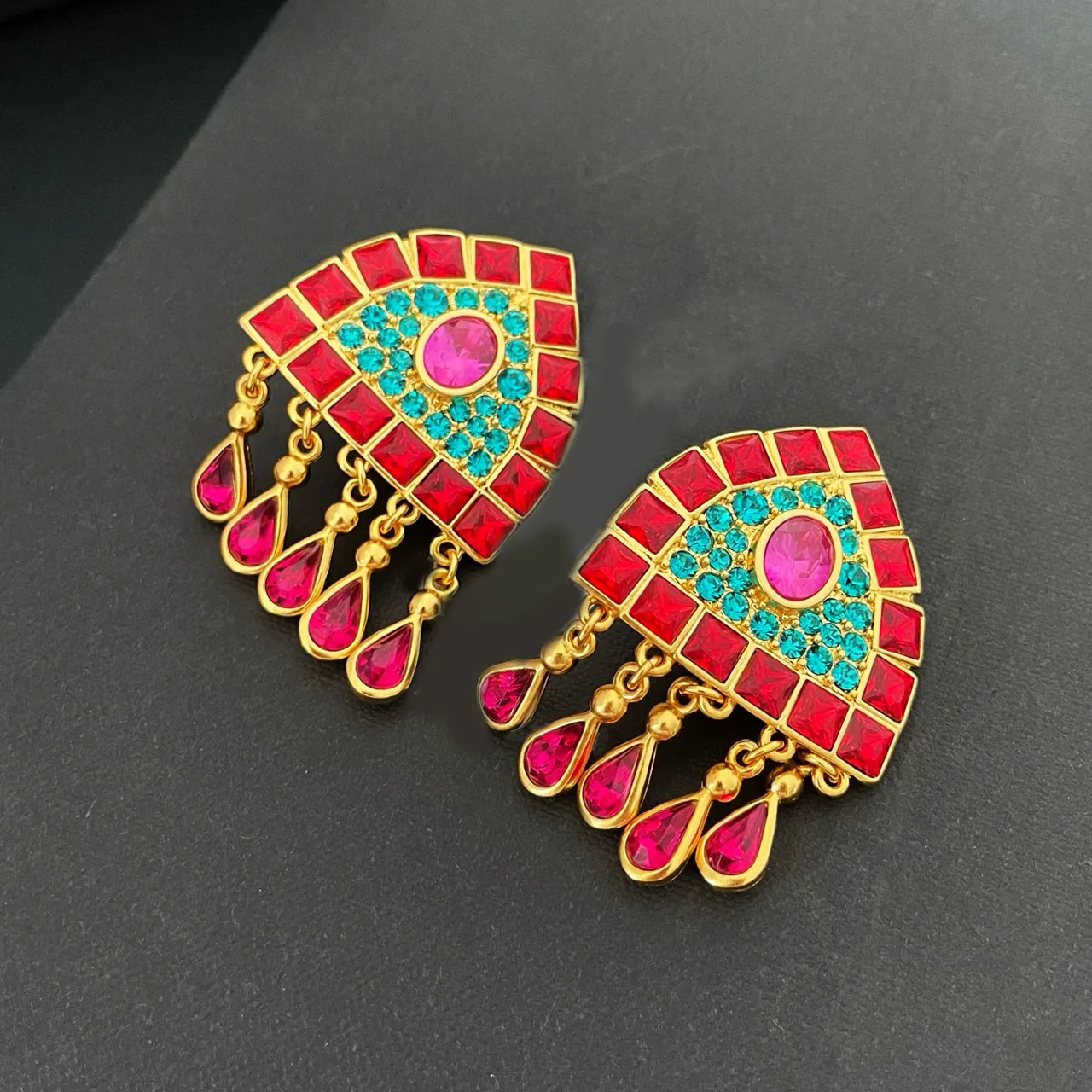 New Jewelry & Accessories vintage Style Colorful Crystal Fringed Triangular Ear Clip Earrings For Women's Parties & Gifts