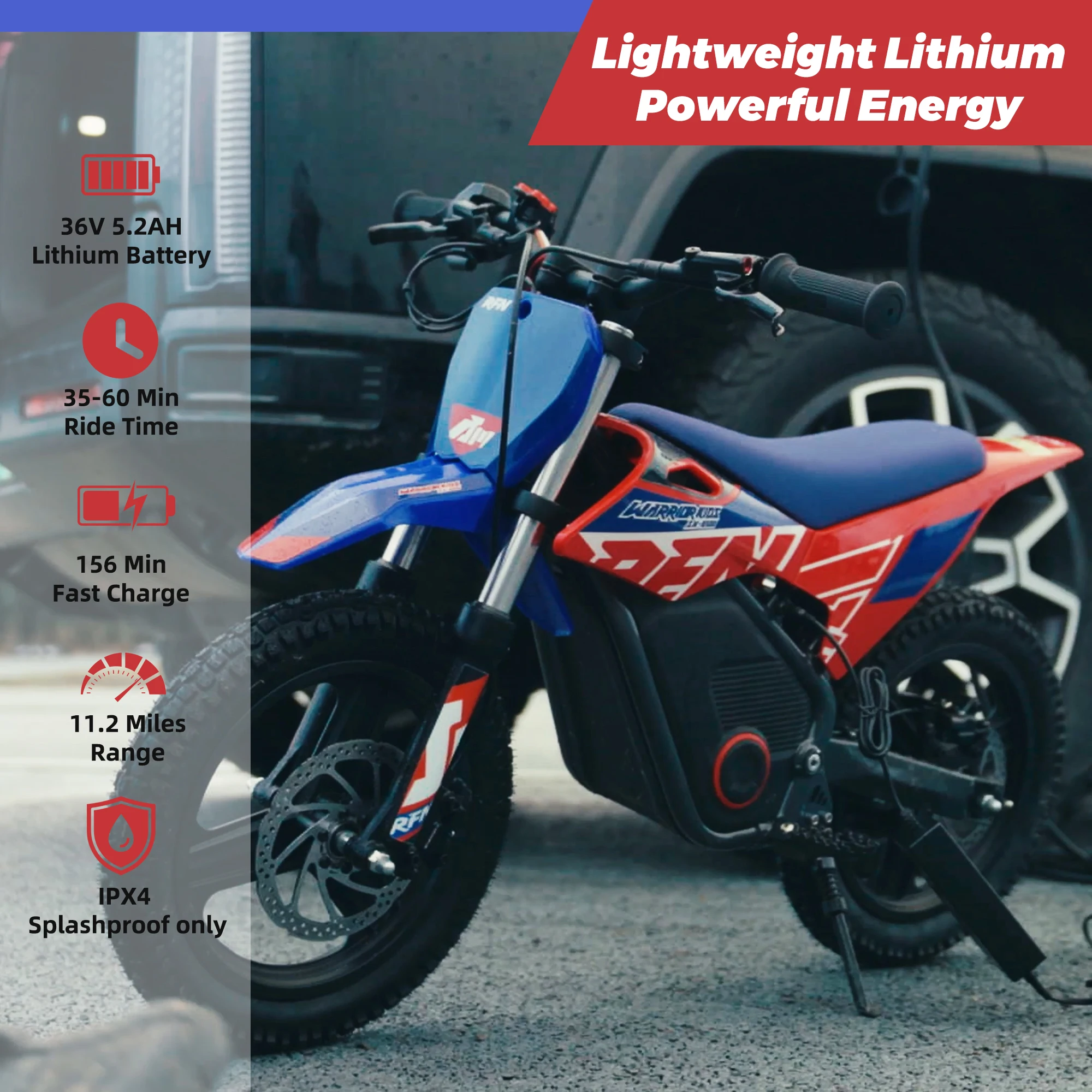 Vélo tout-terrain électrique RFN Warrior Kids E500 |   Moto tout-terrain 36V 400W pour enfants |   3 vitesses, portée de 11,2 milles, âgés de 3 à 6 ans