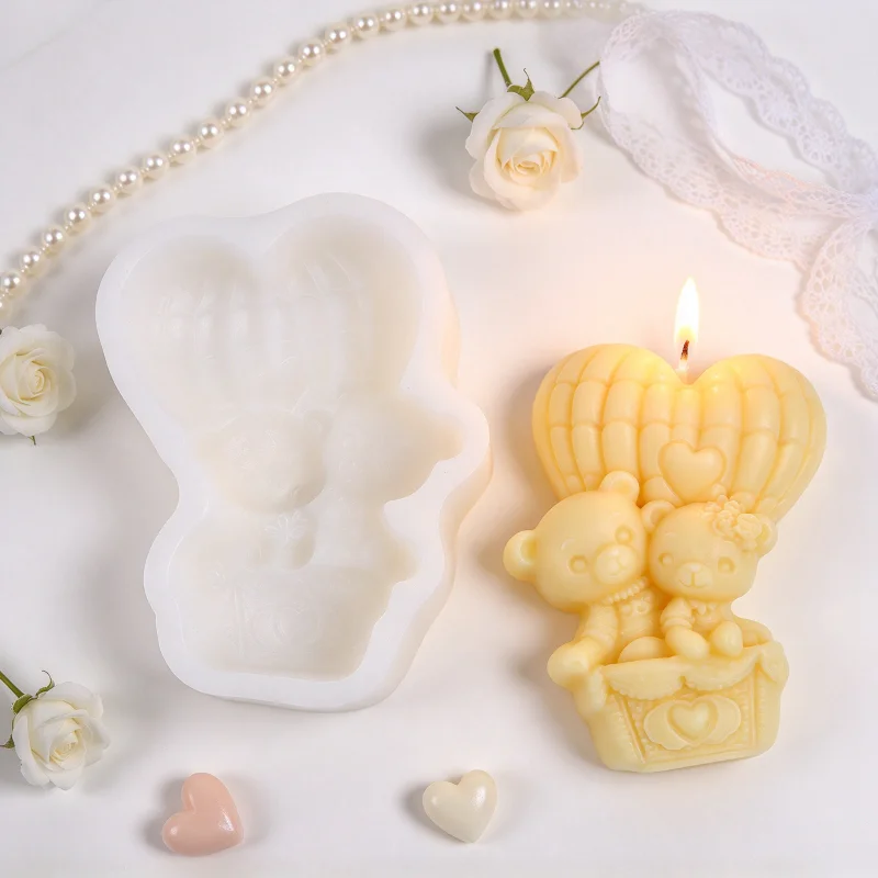 3D Cupid Bear Silicone Candle Molds, Angel Lovers Hot Air Balloon Wax Mould for DIY Soap Resin Plaster Valentine Home Decor Gift