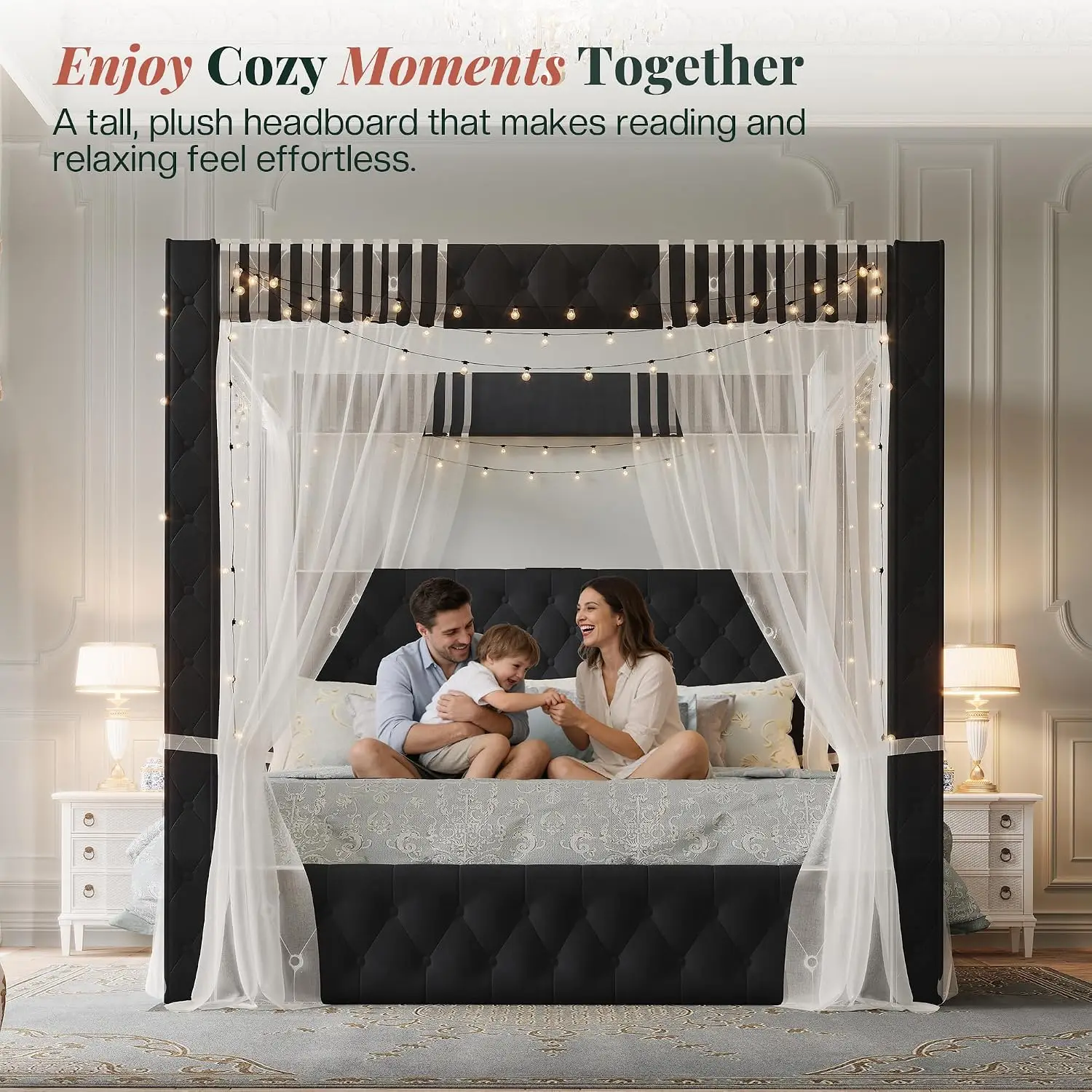 King Canopy Bed Frame Velvet Upholstered Headboard Black, Customized