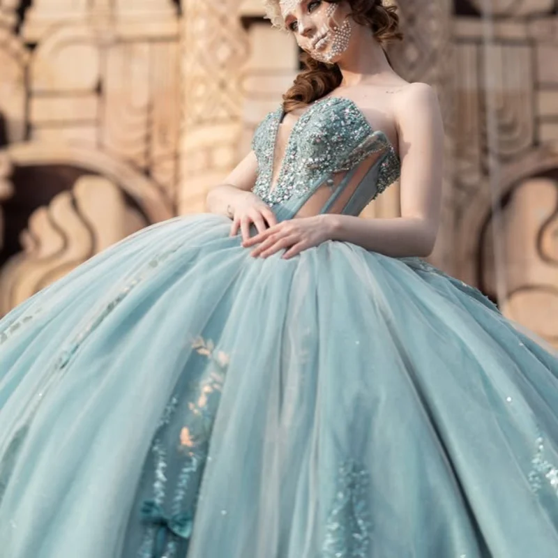 

Lake blue Quinceanera Dress off-shoulder crystal Sequin decal Long tail Bow vestidos de 15 Quinceanera ﻿Customize