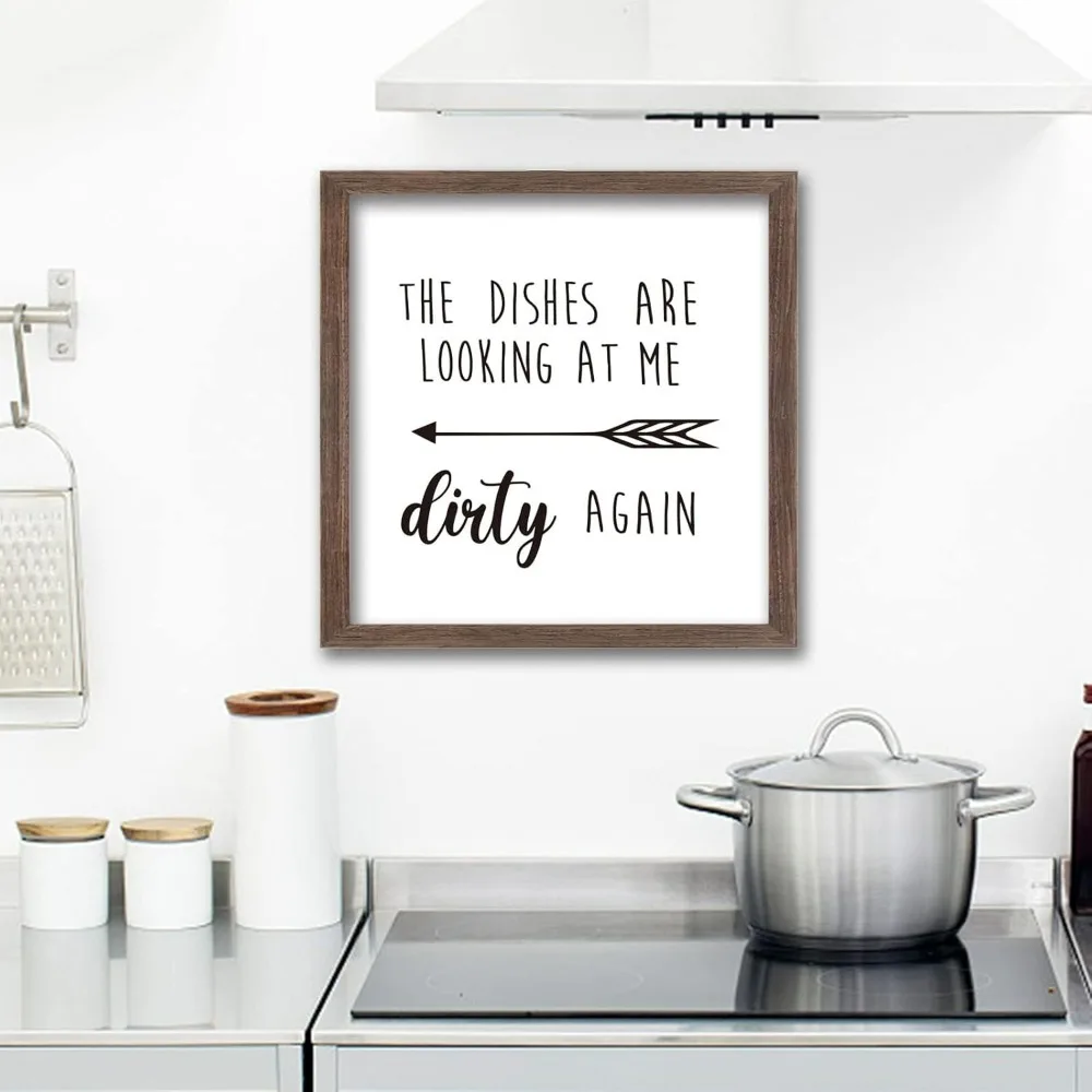 The Dishes are Looking at Me Dirty Again Art Sign Solid Wood Framed Block Sign Funny Farmhouse Decor Sign with Arylic Layer