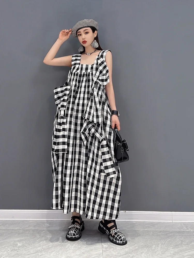 XITAO Plaid Dress Backless Sleeveless Patchwork Bow Small Fresh Casual Style 2022 Summer Minority Elegant Loose Dress WLD7014