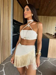 2024 Summer Two Piece Skirt Sets Sexy Sleeveless Short Bandeau Top Elegant Tassel Skirt Chic Beach Outing Women Bandage Suits