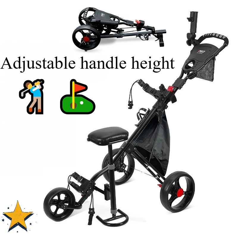 Golf Three-wheel Trolley with Brake Foldable Storage Bag Umbrella Holder Water Cup Holder with Seat