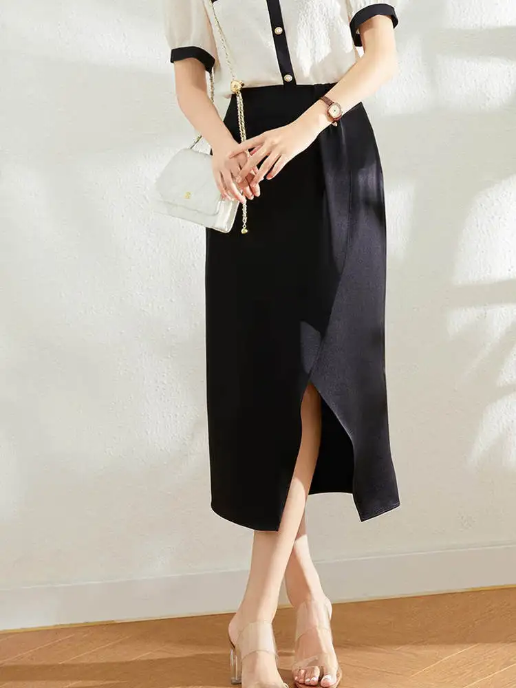 

Chenyun Luxury Design Long Acetate Wrap around Skirt High Waist Split for Women Autumn Initial Slimming Skirts Casual Wear