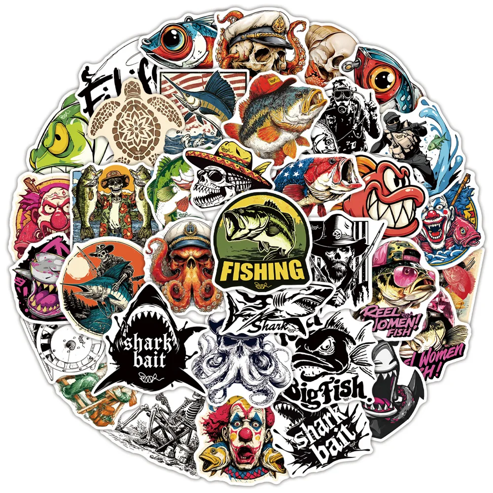 

10/50PCS Fishing Stickers Cartoon Cool Personality Creative Decoration Skateboard Cellphone Case Helmet Waterproof Decal Toys