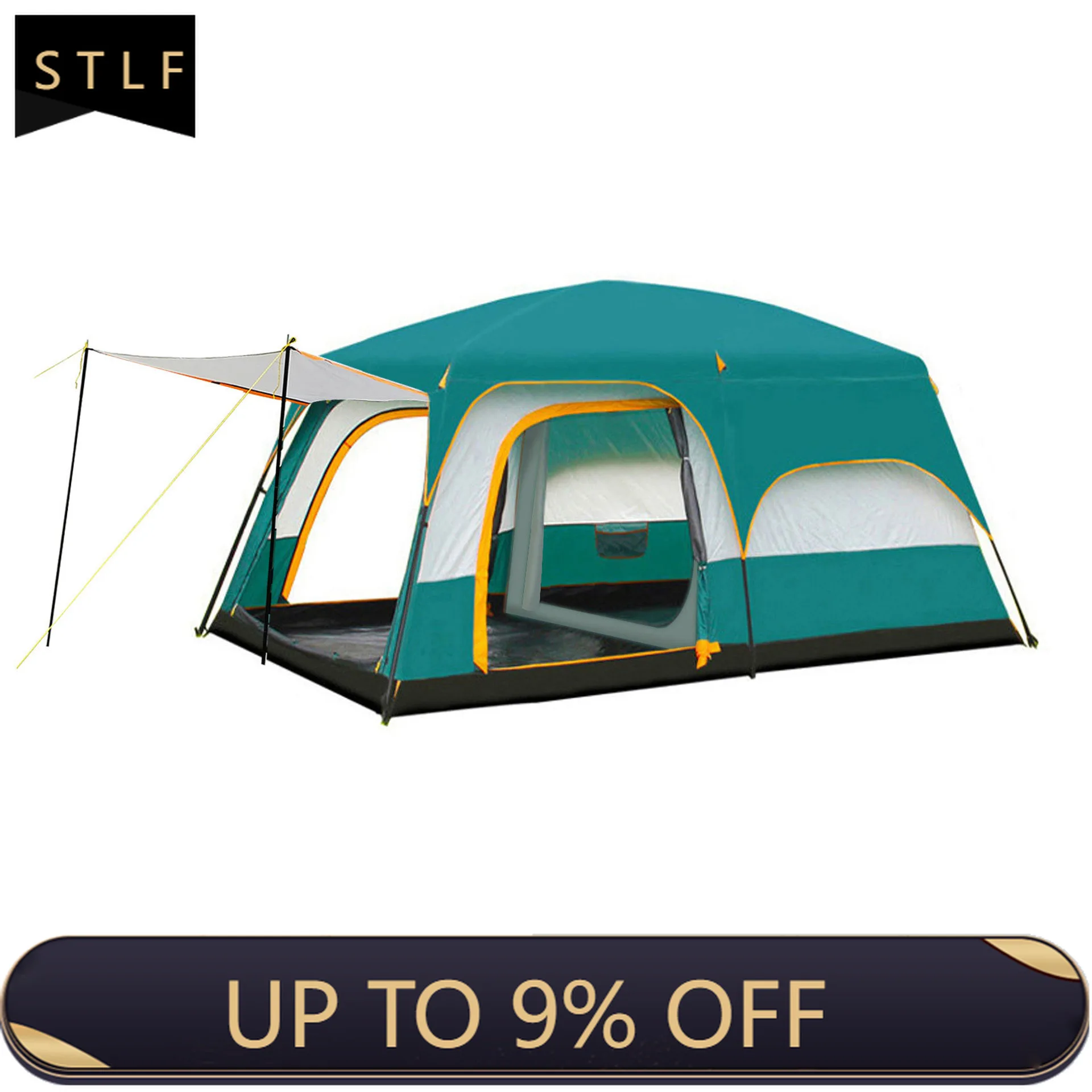 Family Camping Tent Two Bedroom One Living Room Waterproof UV Protection Foldable Portable Large Tent with Carry Bag