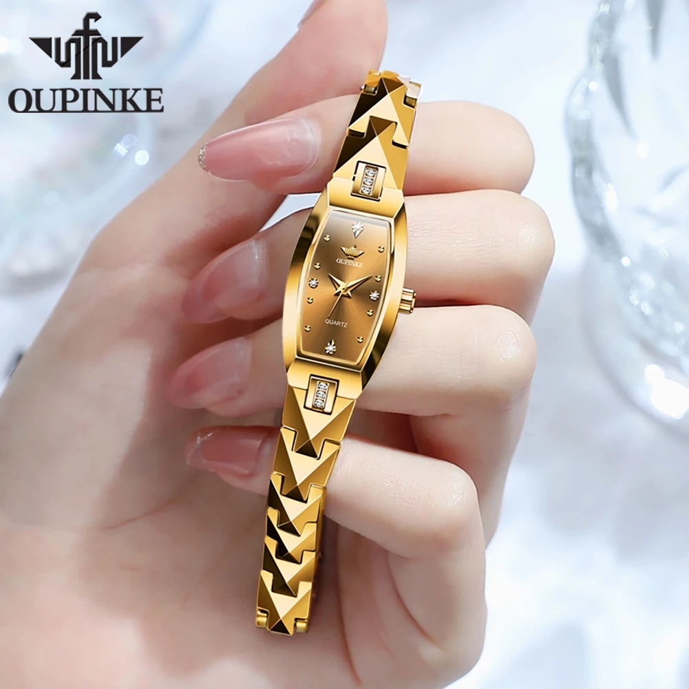 OUPINKE Original Watch for Women Luxury Diamond Gold Sapphire Quartz Waterproof Tungsten Steel Swiss Watches Bracelet Gift Set