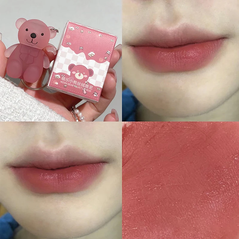 LLavero de oso lindo, lápiz labial líquido mate desnudo, resistente al agua, brillo de labios de larga duración, tinte de labios hidratante, Cosméticos Coreanos