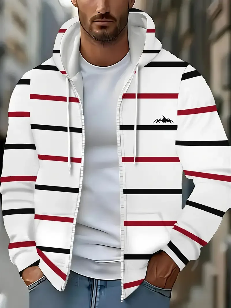 남성용 스트라이프 블랙 앤 화이트 그레이 라인 프린트 지퍼 후드 캐주얼 가을 겨울 아웃도어 재킷 y2k 지퍼 남성용 스웨트셔츠