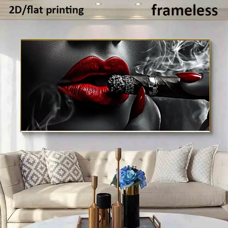 

2D/Flat Modern Red Lips & Dark Smoke Canvas Wall Art - Frameless Contemporary Female Mouth Print for Living Room Decortions Gift