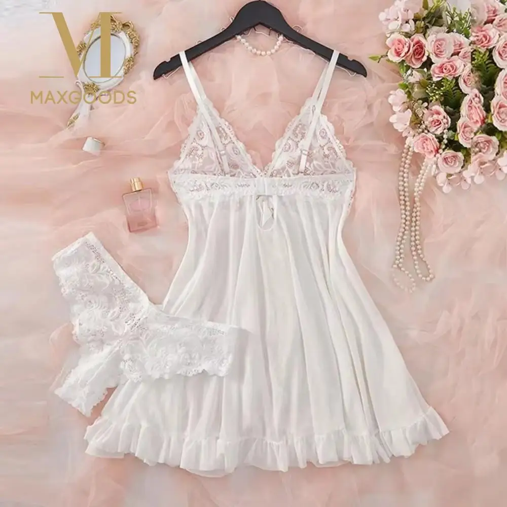 

Fashion Lace Trim Sexy Lingerie V Neck Design Solid Color Lace Nightdress Soft Fabric Mini Length Transparent Dress Sleepwear