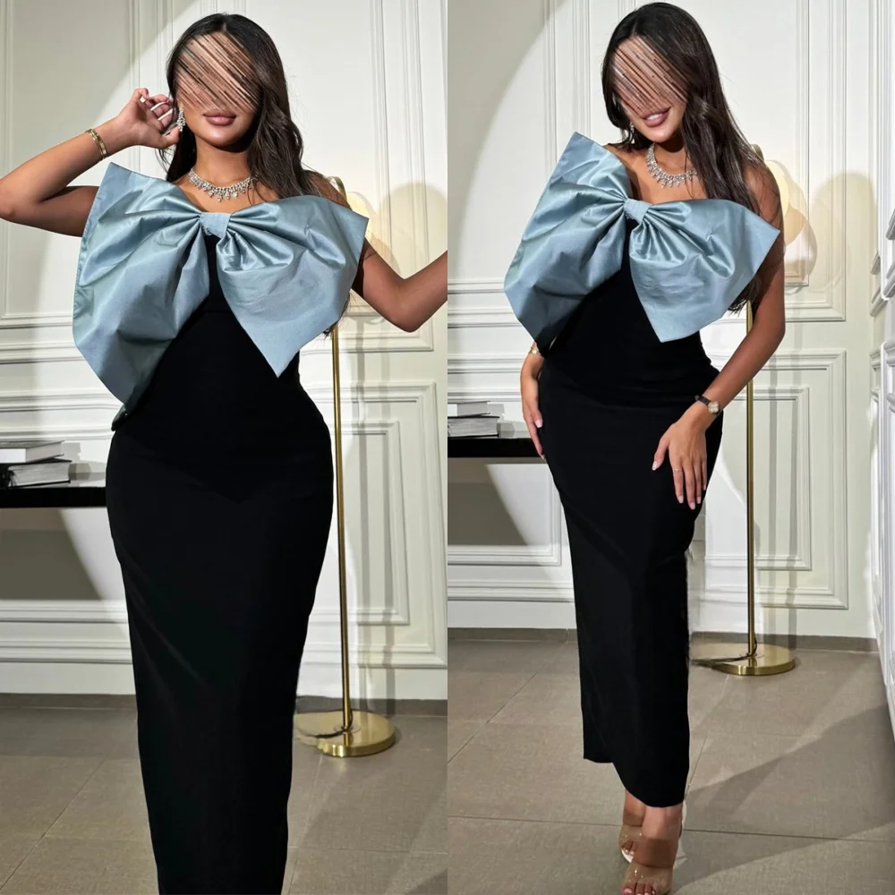 Robe De soirée en Jersey noir doux, personnalisée, sans bretelles, sans manches, robes De retour, à la mode, avec nœud
