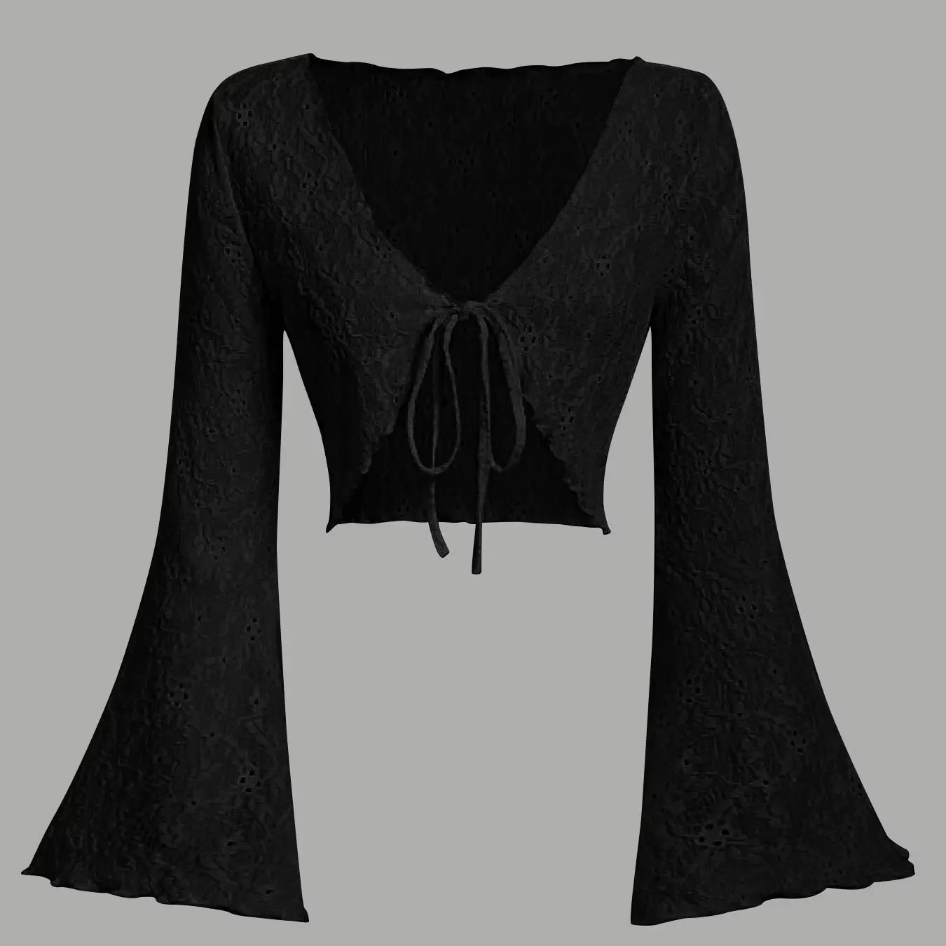 Damen-Cardigan mit Ösen-Spitze, ausgestellten Ärmeln, vorne gebunden, V-Ausschnitt, gewelltem Saum, einfarbig Schwarz, Sommer-Überwurf-Top – Detail 4