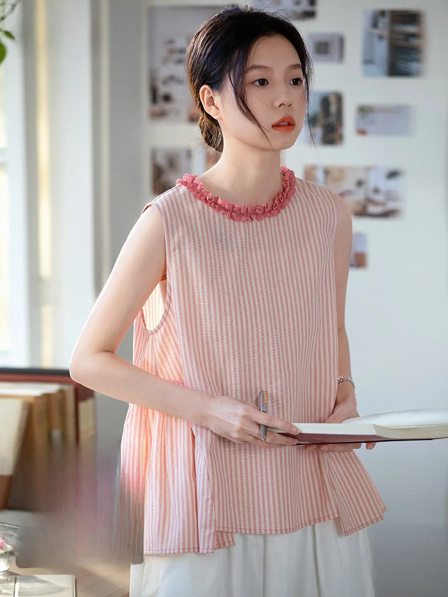 

Original Cotton Striped Shirt Women's Summer New Design Sleeveless Pink Small Shirt Loose Fit Regular Length Flower Collar