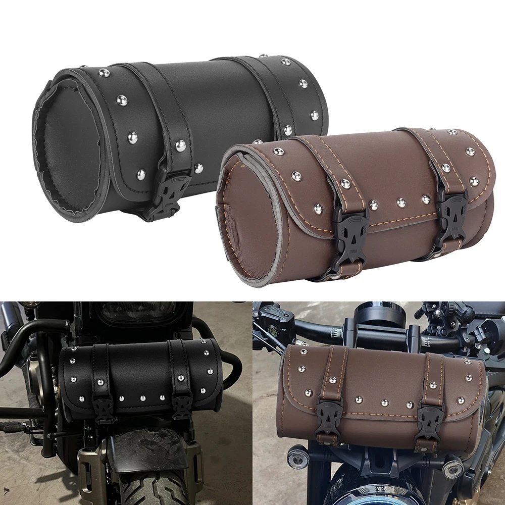 Black/Brown Motorcycle Tool Bag Saddlebags 2 Strap Buckle Closure Waterproof PU Leather Fork Bag Multi-functional for Motorbike