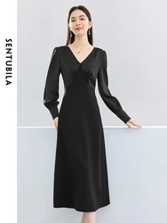 SENTUBILA Black Spliced V-neck Midi Dress Woman 2024 Elegant Solid Pullover Long Sleeve Spring Dresses Female Clothes 141L52952