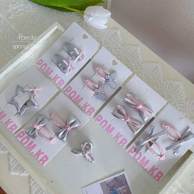 2pcs/set Korean Pink Silver Bow Hair Clip Sweet Side Bangs Fringe Clip for Kids Girls Cute Press Hair Claw Hair Accessory