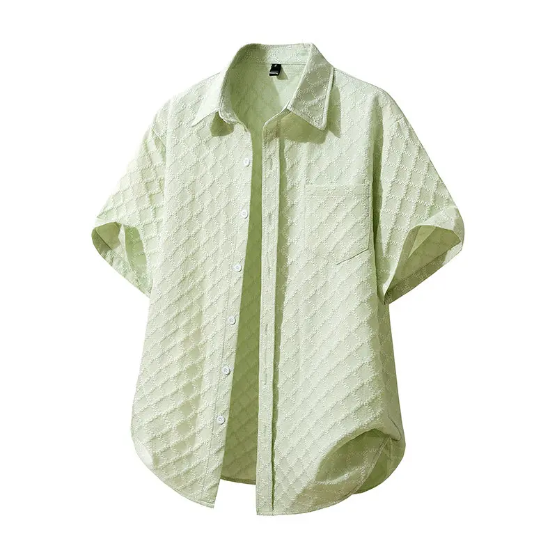 New Summer Men's Diamond grid Short Sleeve Hawaiian Shirt Casual Solid Beach Holiday Fashion Stylish Office Work Business