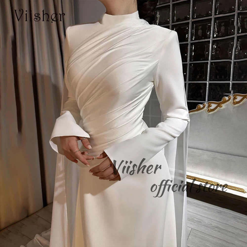 Viisher White Satin Mermaid Wedding Dresses for Bride High Neck Long Sleeve Bride Dress Arabian Dubai Wedding Party Gowns