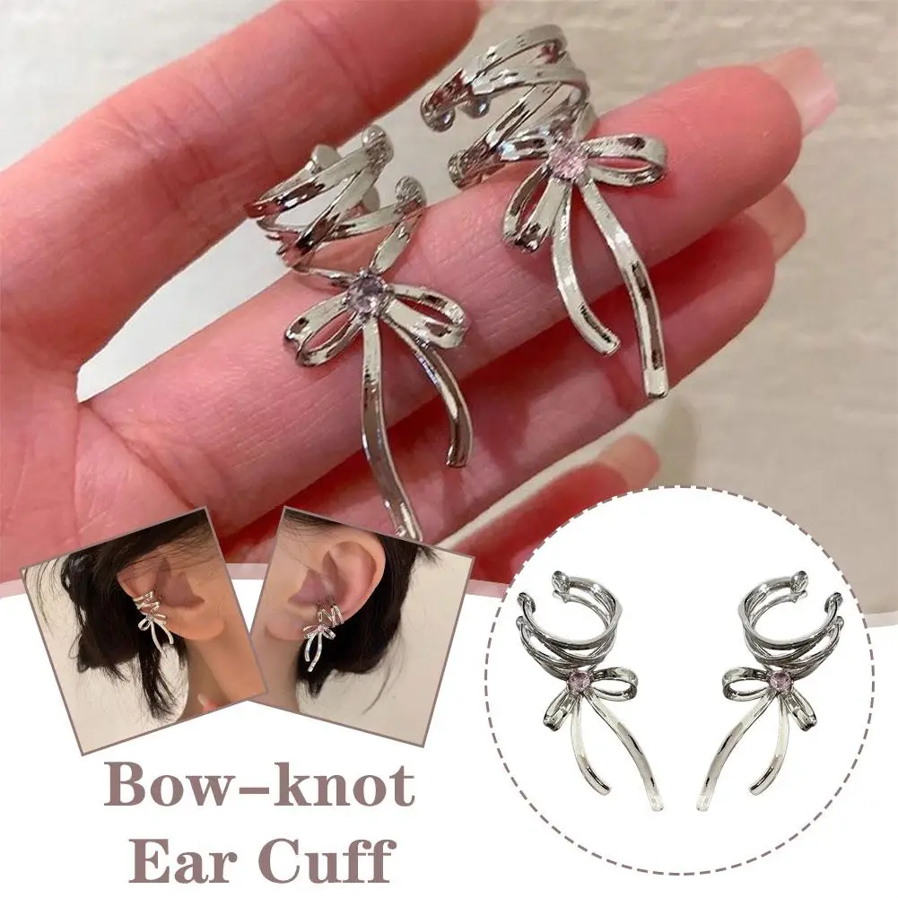 2025 Ballet Bow Ribbon Earring Clip Elegant Lightweight Clip Diamond Hole Fashion Pink Accessory Adjustable Ear Versatile N W0N8