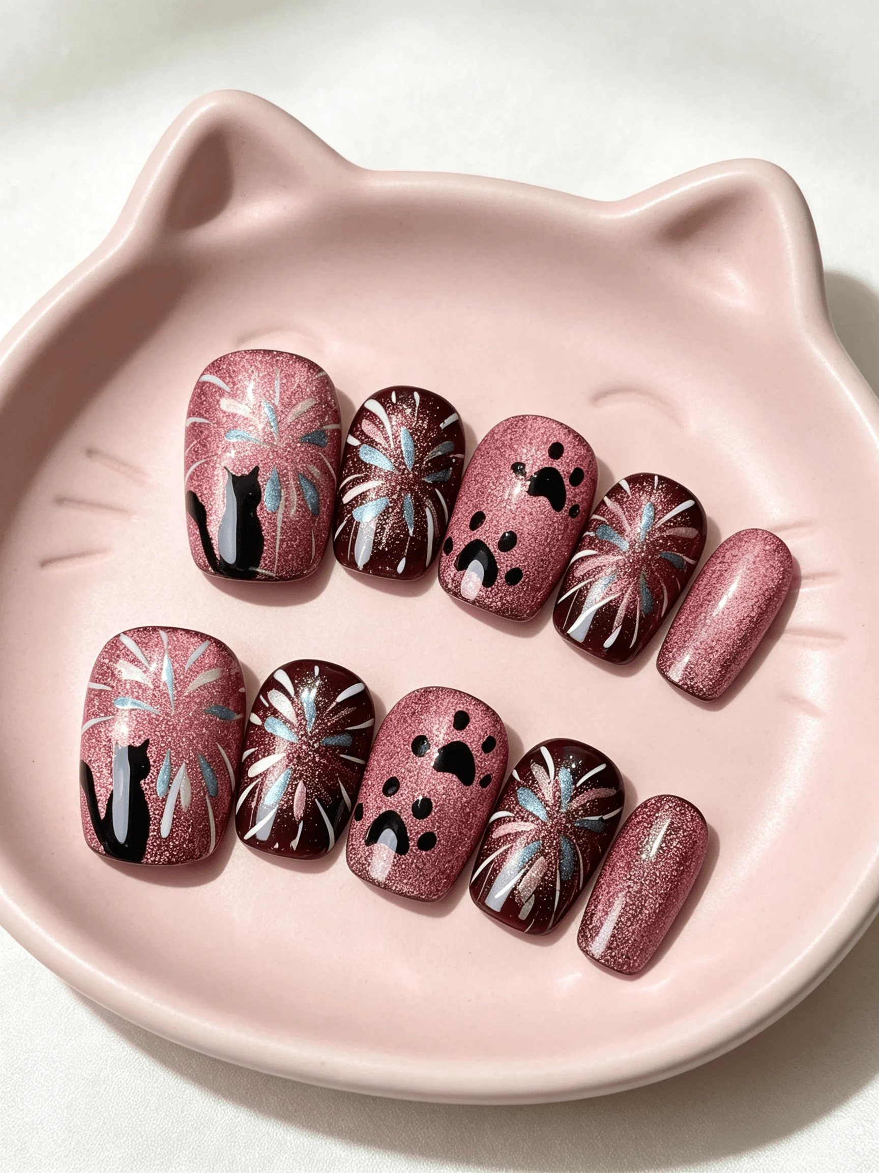 10 Pieces of Handmade Short Square-Round Full-Cover Nail Tips, Short Length, Wine Red Glitter, Fireworks and Cat-Themed Style, Suitable for Women and Girls, Perfect for New Year's Parties, Holiday Parties, and as a Gif
