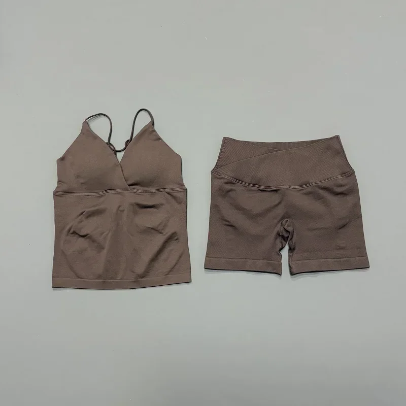 HISTELLO Vision Sportsets für Damen Nahtloses Twist-Front Longline-Top Bauchkontrolle Cross-Shorts Anzug Biker Gym Workout-Set – Detail 19