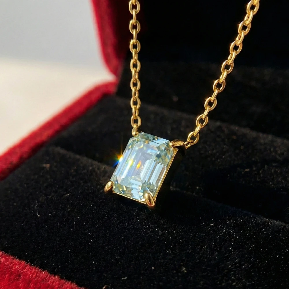 

1pc 2.0 Carat Light Blue Rectangular Synthetic Moissanite Necklace, Suitable for Banquets, Official Occasions, Anniversary Gifts