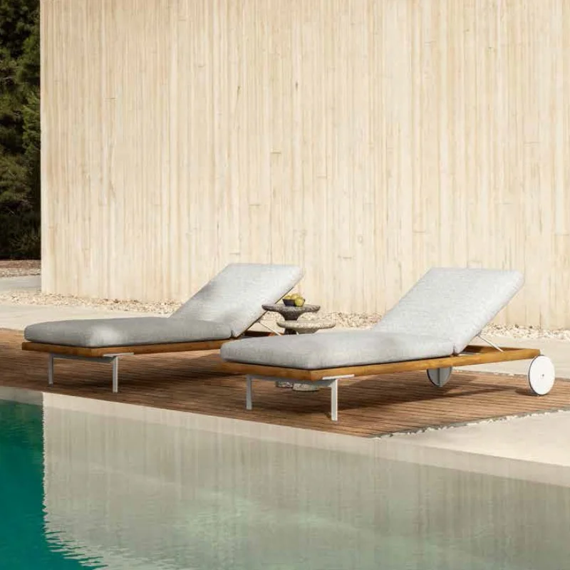 WESOME Modern Outdoor Chaise Lounge Wide Sturdy Daybed Seamless Teak Frame Poolside Leisure Garden Patio Chaise Lounge