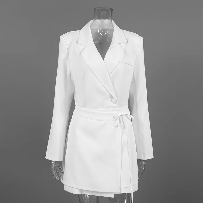 Белое двубортное платье-блейзер с поясом на талии и лацканами на пуговицах Элегантная женская официальная коктейльная вечеринка Вечерняя офисная одежда