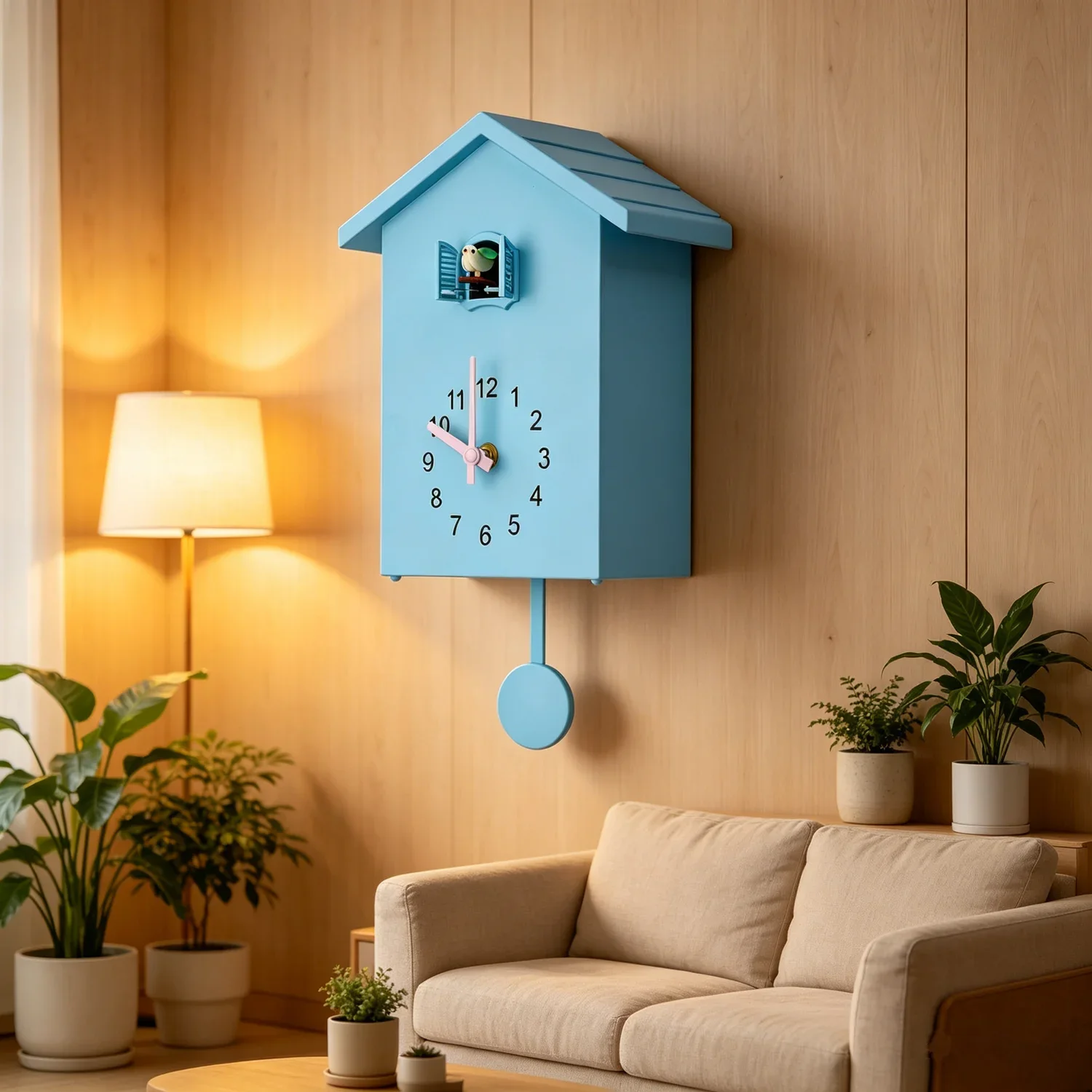 Kids-Friendly Cuckoo Pendulum Clock Cute Blue House-Shaped Silent Quartz Timepiece with Charming Bird Call for Nursery Decor