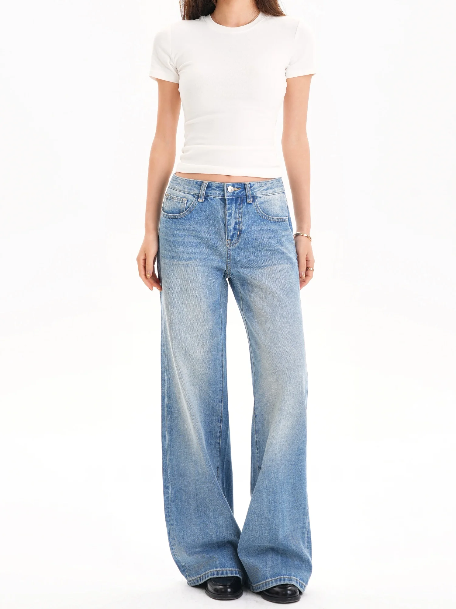 

Light Blue Heavy Du Classic Straight Leg Jeans Women's Floor Length Trousers Vintage Sle Zipper Closure Denim Spring Season