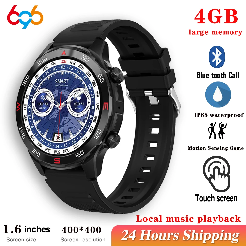 Reprodução de música local 4gb memória relógio inteligente chamada dente azul esportes relógios à prova dwaterproof água freqüência cardíaca das mulheres dos homens tempo smartwatch