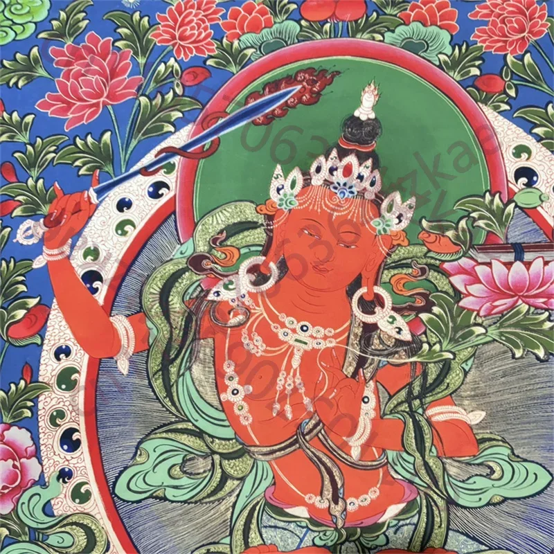 Handmade Tibetan Buddhism Red Manjusri Bodhisattva Silk Tangka Fine Art Wall Hanging Decorations Old Buddhist Decor