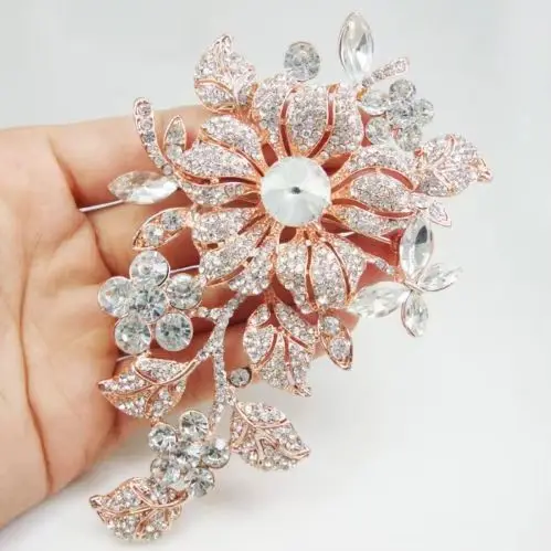 

Rose Gold Tone Vintage Style Flower Woman Clear Rhinestone Crystal Brooch Pin