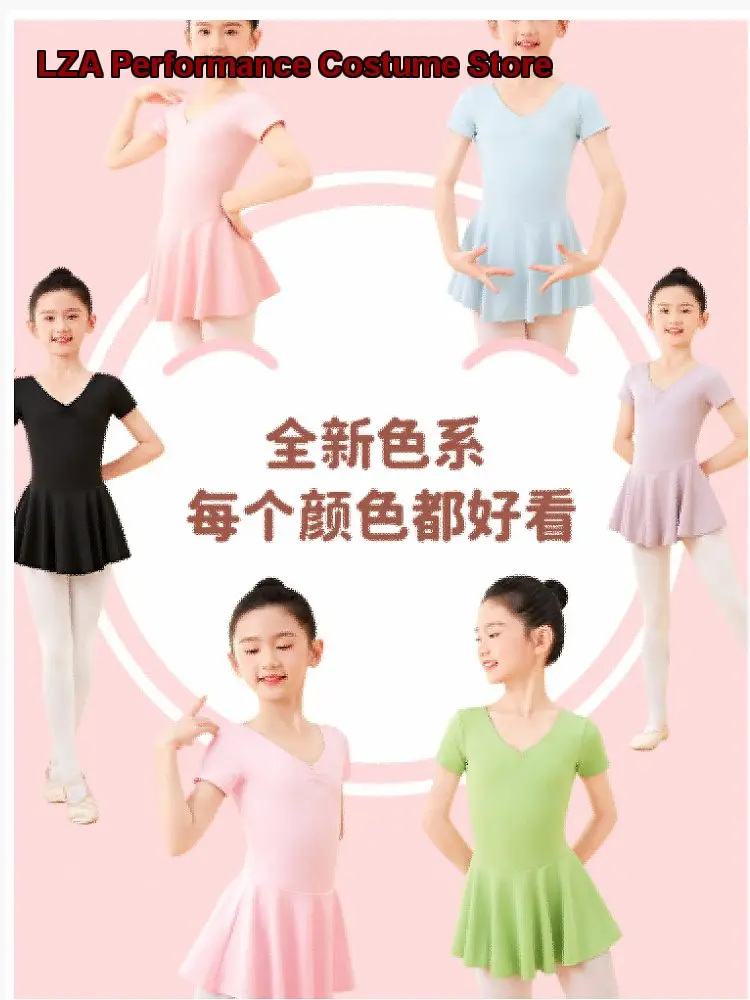 Children's Girls Dance Spring Summer Short Sleeve Gymnastics Jump Skirt Girls One-Piece Chinese Short Sleeves Kids