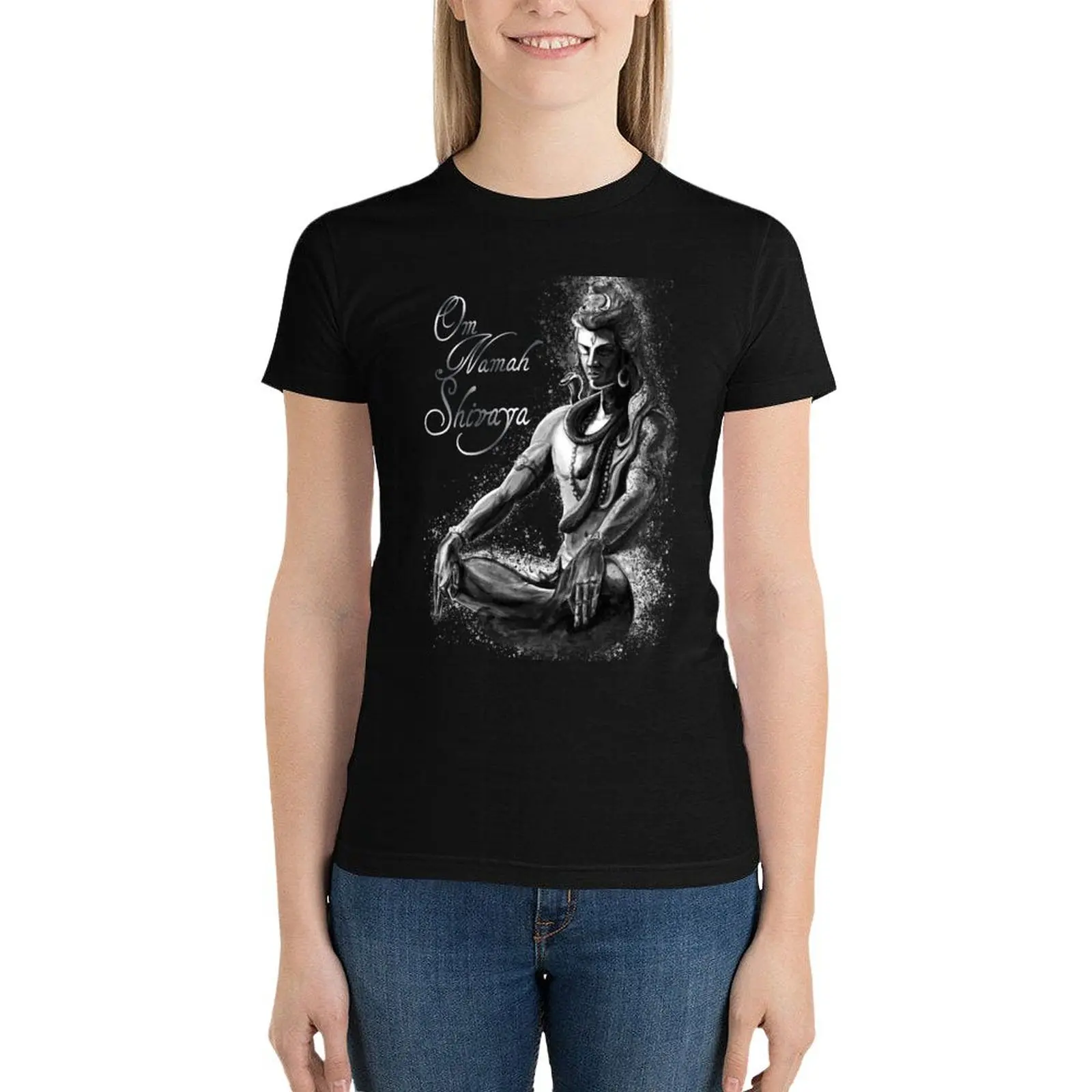 Mantra Majestic Shiva in Eternal meditation - Black and white T-Shirt oversized female hippie clothes black t shirts for Women